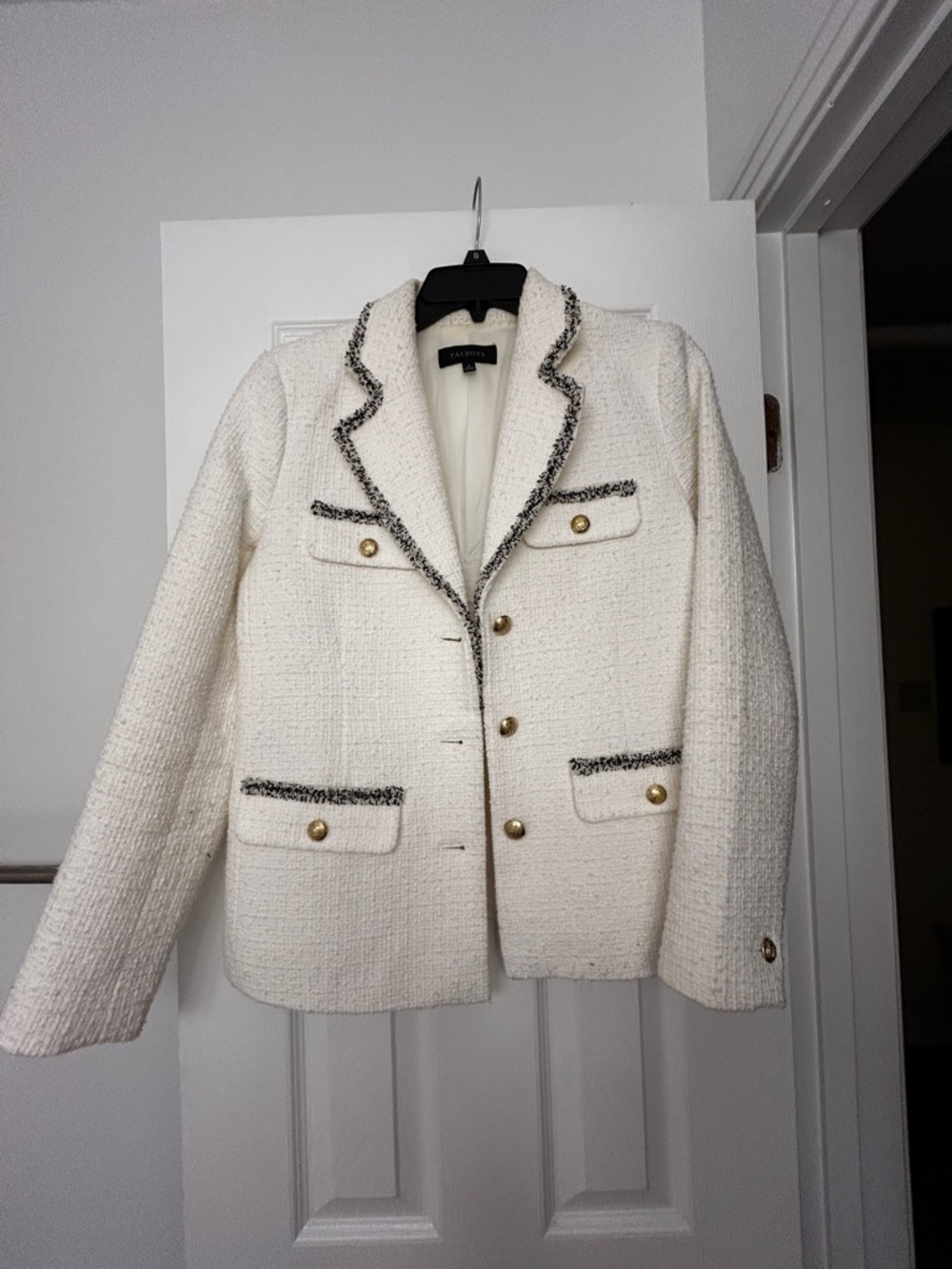 Talbots Cream Tweed Blazer with Black Contrast Trim